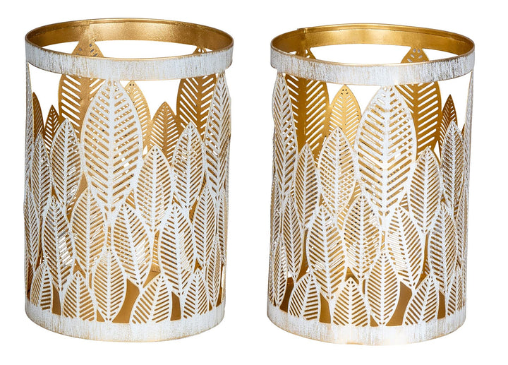 2er Set Windlicht 13x18cm Weiss Gold Metall Teelichthalter Blattdekor Blumendekor Tischdeko Industri