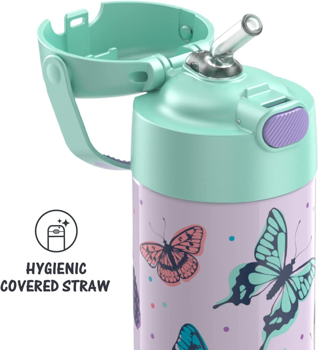 THERMOS Funtainer Kinder-Strohhalmflasche, Edelstahl, vakuumisoliert, 340 ml, Schmetterlingsfrenzy F