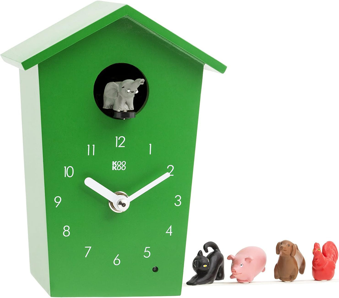 KOOKOO AnimalHouse Grün, Moderne kleine Kuckucksuhr mit 5 Bauernhoftieren, Aufnahmen aus der Natur.