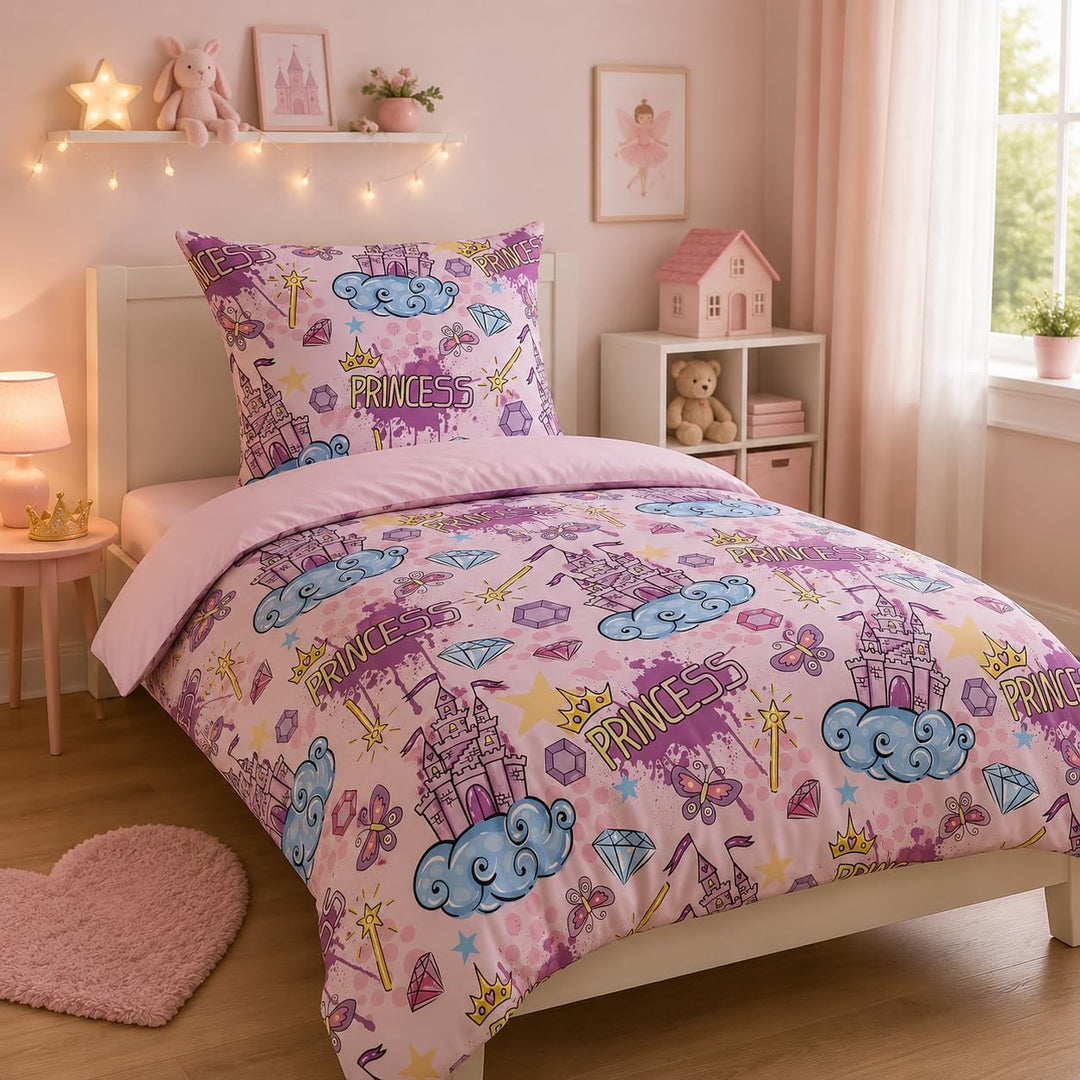 DJDEA Rosa Burg Bettwäsche 135 x 200 cm Kinder Weich Mikrofaser, Burg Motiv Bettwäsche-Sets mit Reis