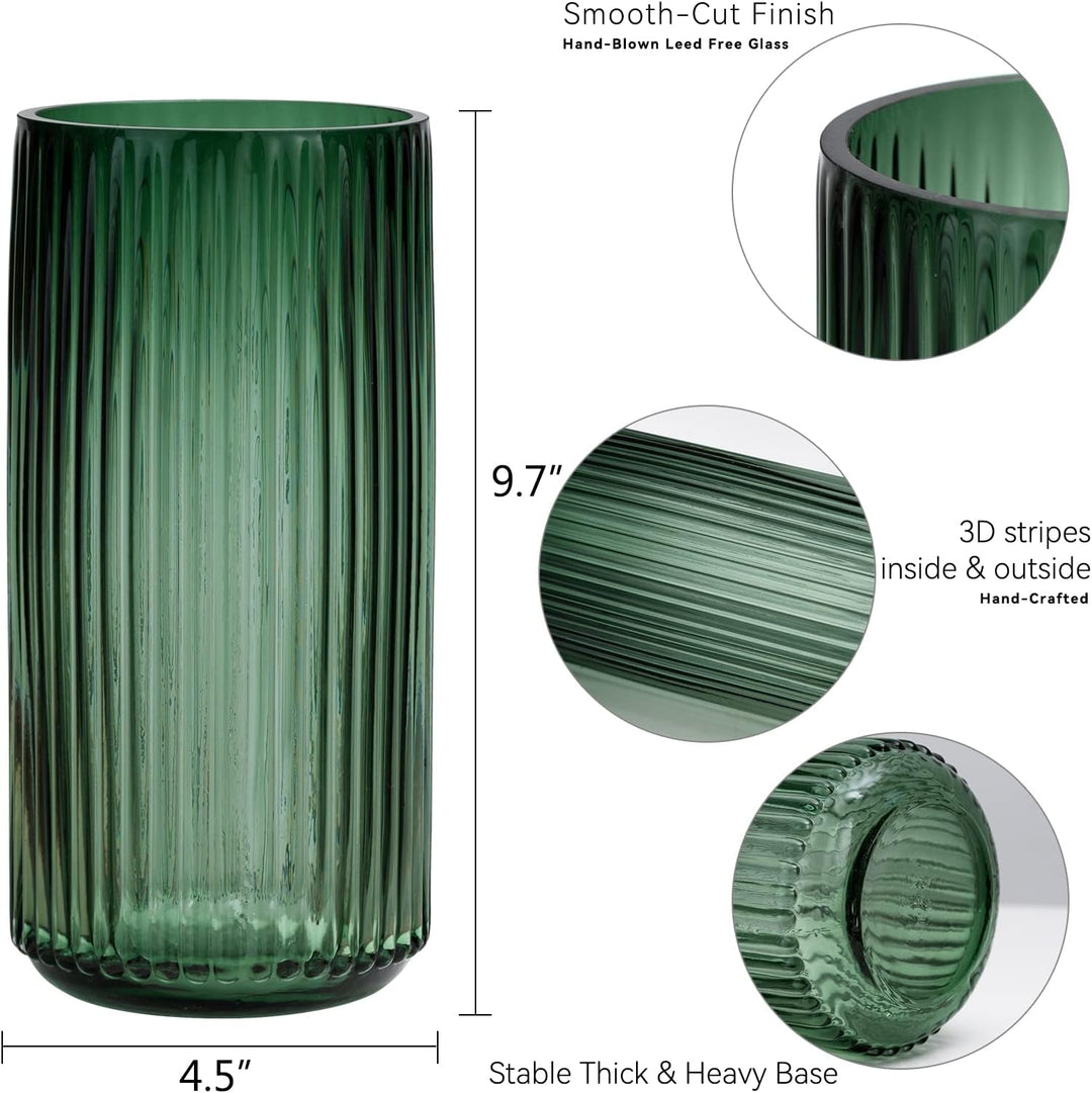 TIMEFOTO Blumenvase, 24.6 cm, grün, verdickt, handblasbare Glasvase, runde Vintage-gestreifte Flasch