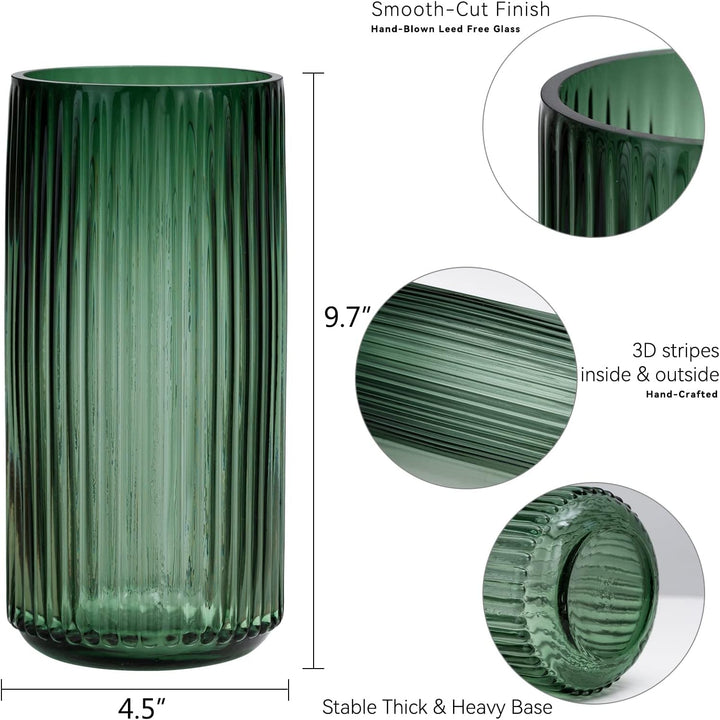 TIMEFOTO Blumenvase, 24.6 cm, grün, verdickt, handblasbare Glasvase, runde Vintage-gestreifte Flasch