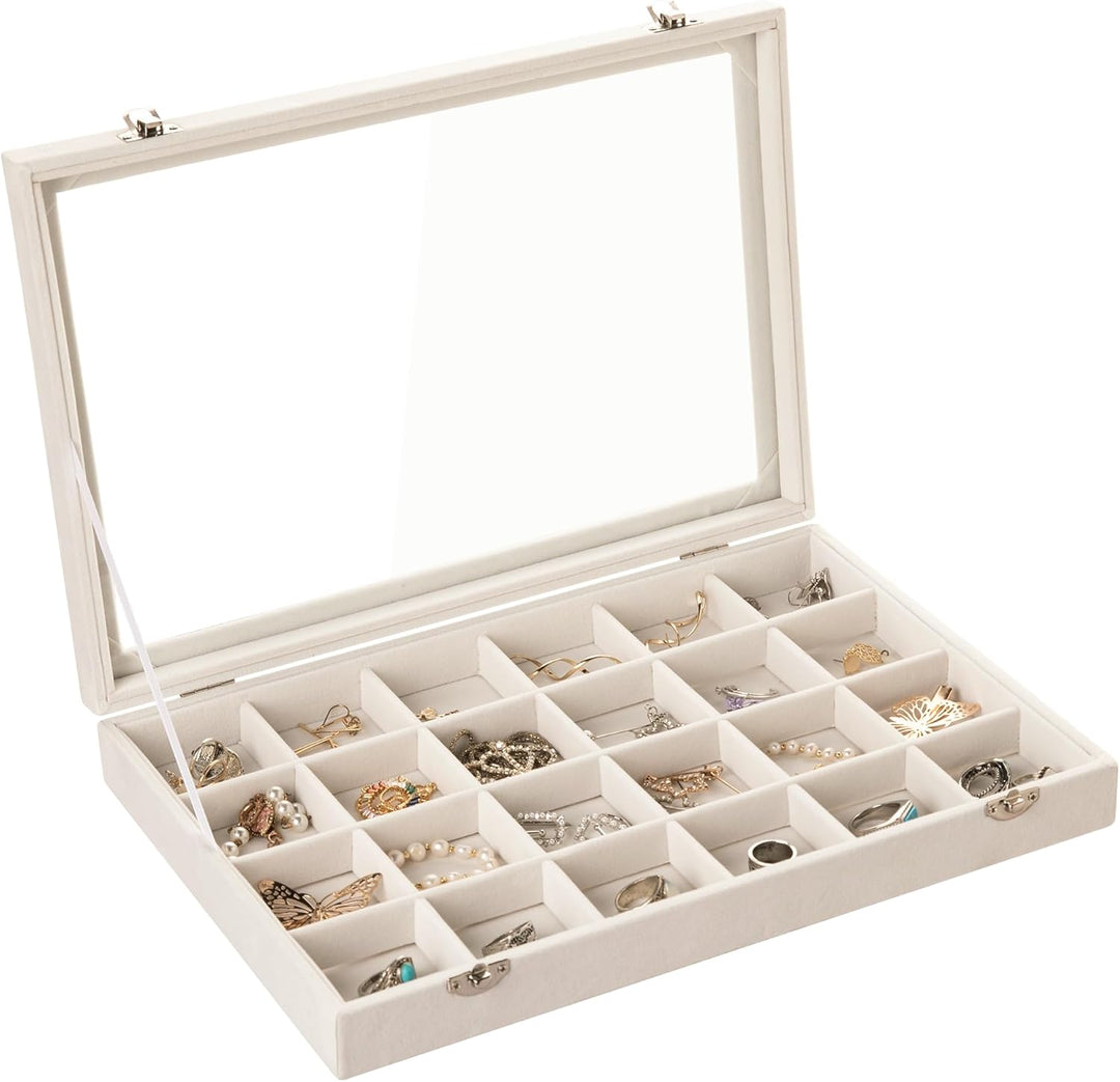 Frebeauty Samt Schmucktablett 24 Gitter Schmuck Organizer mit durchsichtigem Deckel Ohrring Organize