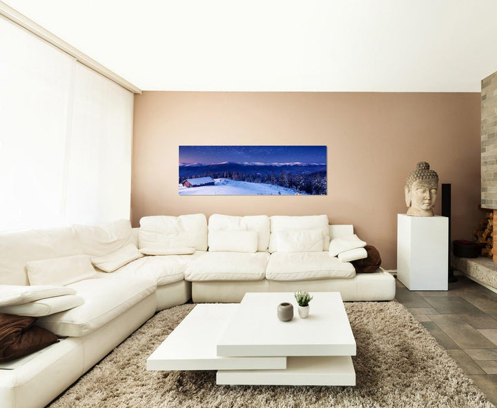 Paul Sinus Art Panoramabild auf Leinwand und Keilrahmen 150x50cm Ukraine Wald Berge Schnee Hütte Mil