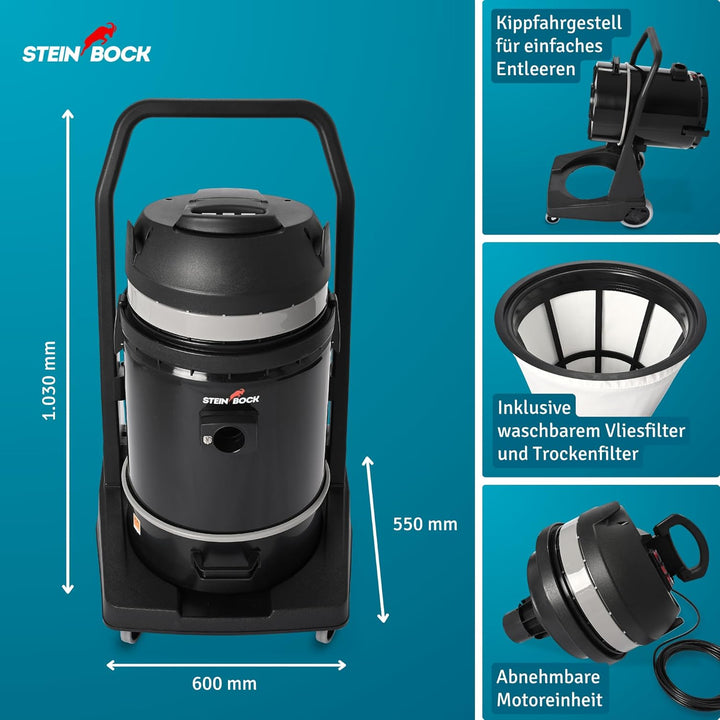 Steinbock Industriesauger nass & trocken| 3.300 Watt | 72 l Fassungsvermögen | mit 3 leistungsstarke