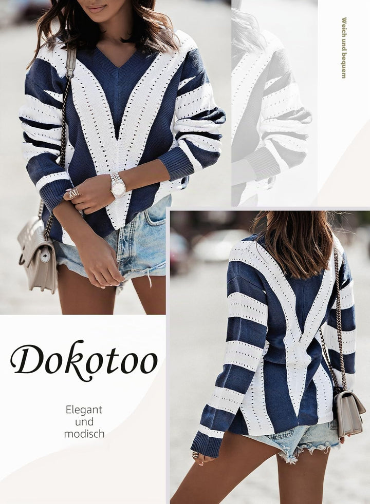 Dokotoo Damen Strickpullover V-Ausschnitt Casual Pullover Warm Oberteil Tops Streifen Sweater Elegan