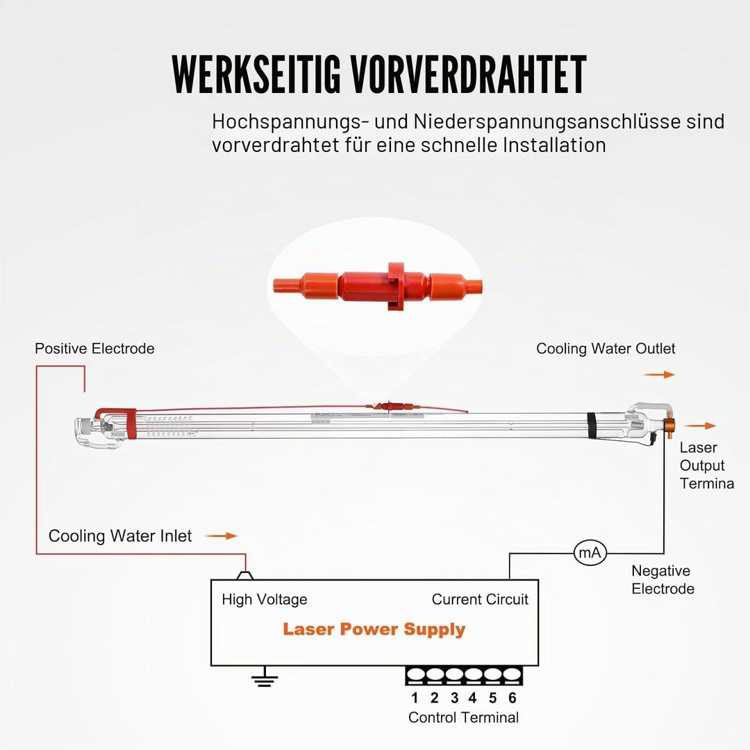 CO2 Glas Laserröhre 80W Länge von 1250 mm Diam. 50 mm Laser Tube für Laser Gravier- und Schneiden Ma