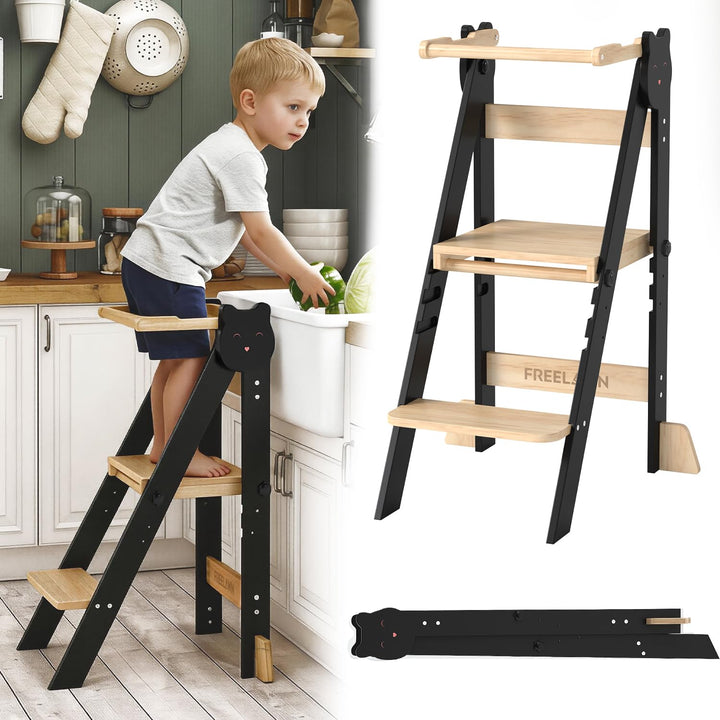 Lernturm Klappbar & 3-Fach Höhenverstellbar - Kippsicherer Learning Tower aus Kiefernholz - Mitwachs
