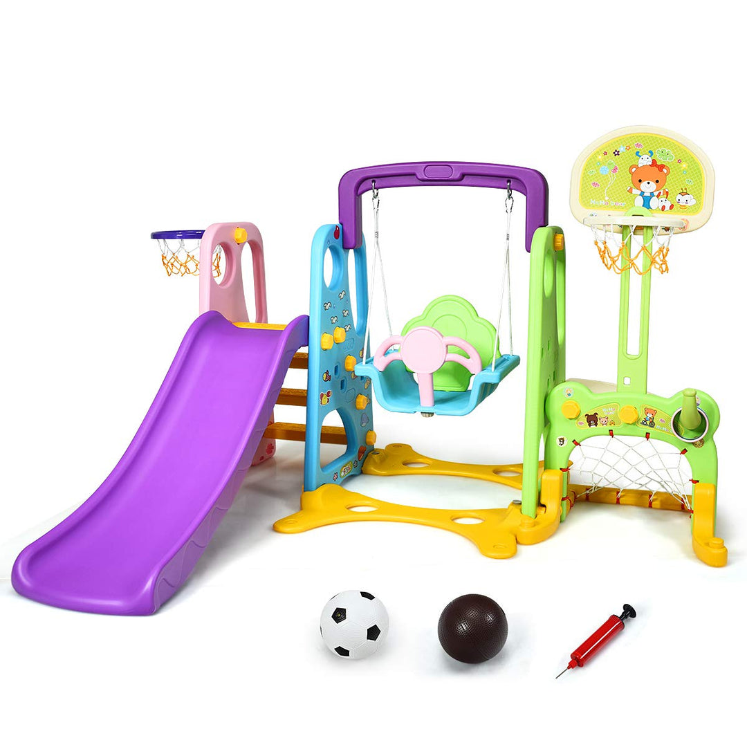 COSTWAY 6 in 1 Kinder Rutsche mit Schaukel, Kinderrutsche Indoor mit Basketballkorb &amp; Fussballtor &amp;