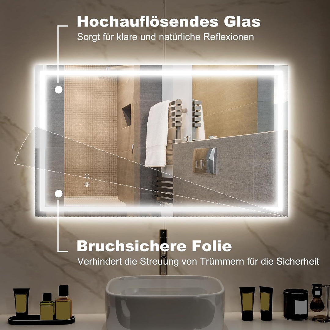 HOMCOM Badspiegel mit Beleuchtung 100x60 cm Badezimmer Spiegel Silber | Vor- und Hinter Beleuchtung,
