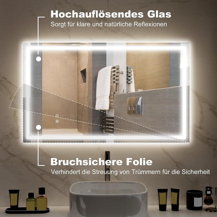HOMCOM Badspiegel mit Beleuchtung 100x60 cm Badezimmer Spiegel Silber | Vor- und Hinter Beleuchtung,