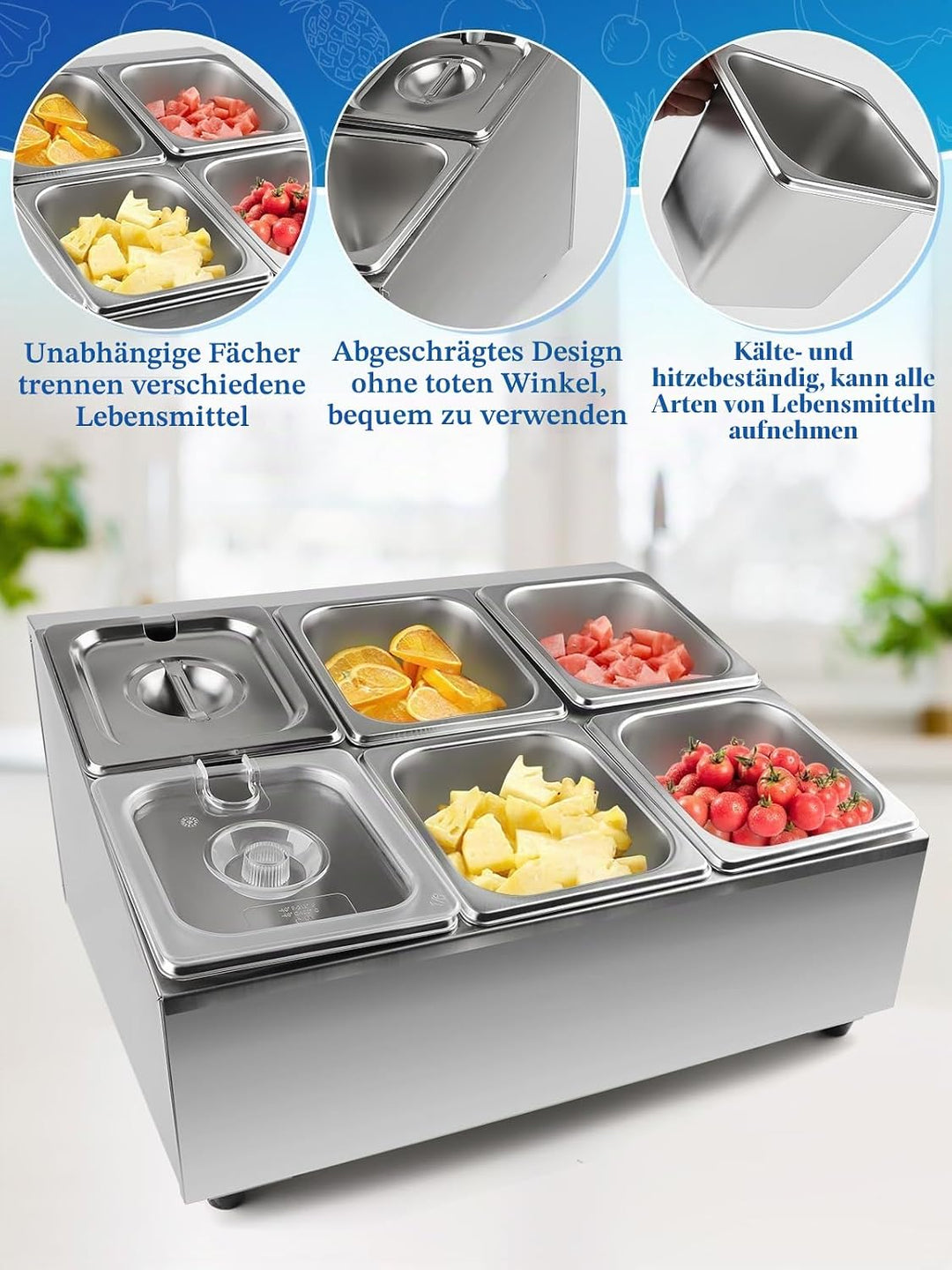 TOROKOM 6 Pfannen Edelstahl Zutatenbehälter Gewürz Organizer aus Edelstahl Salatbar Buffet Station m