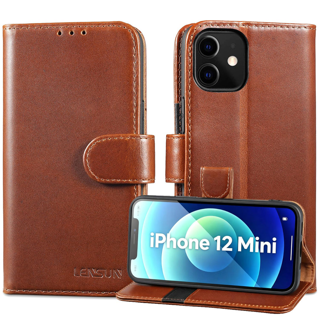 LENSUN Echtleder Handyhülle für iPhone 12 Mini, Dunkelbraun | Echtes Leder Hülle, Standfunktion, Mag