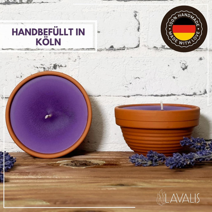 Lavalis 2X Lavendel Kerze mit Duft in Terrakotta-Schale, Alternative zu Citronella-Kerze, Handbefüll
