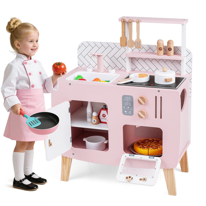 HOMASIS Spielküche mit 7 Zubehör, Kinderküche mit Spüle, Herd & Ofen, kleine Spielzeugküche aus Holz