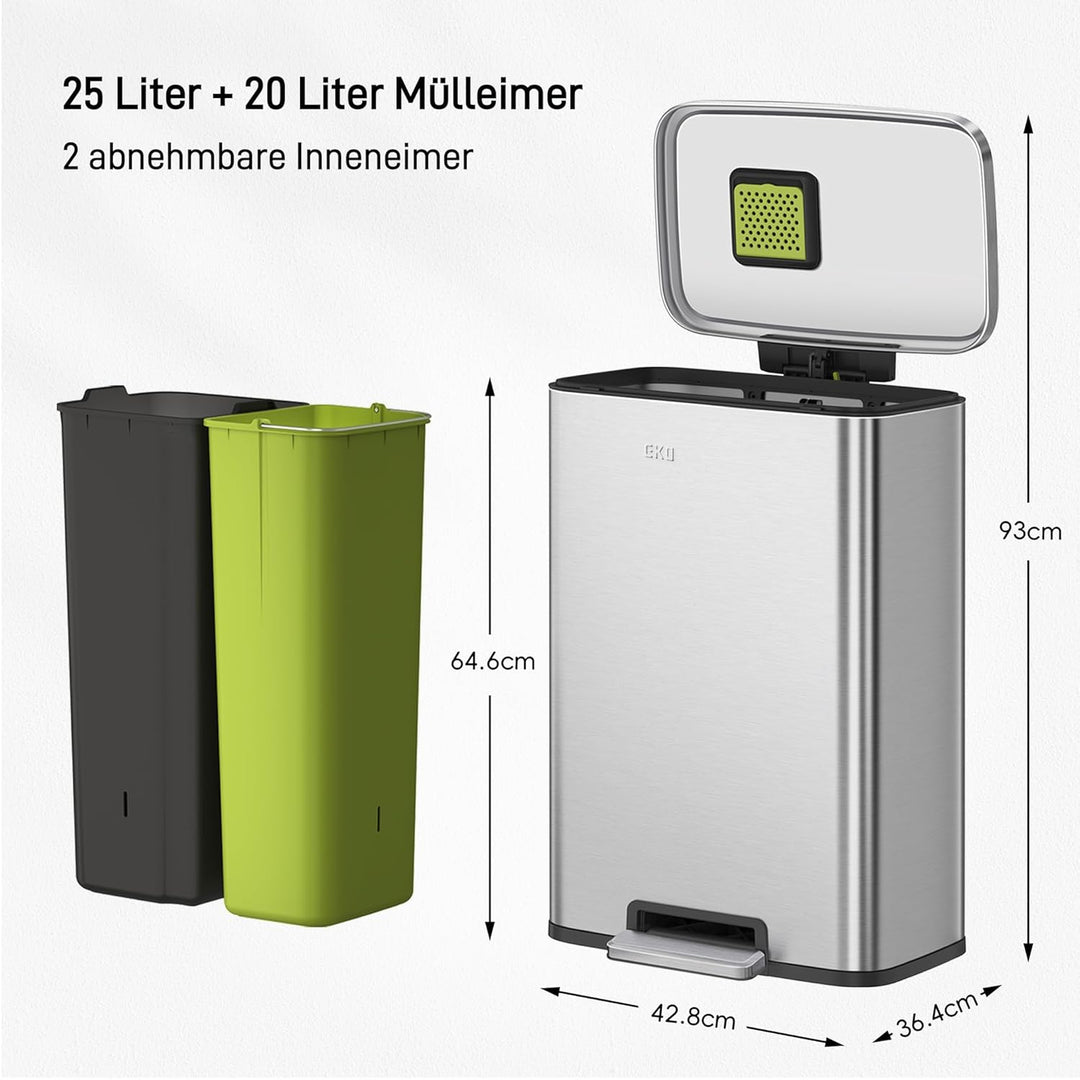 EKO Madison Mülleimer Küche, 25 + 20 Liter, Mülltrennsystem 2 Fächer, Treteimer mit Geruchsfach und