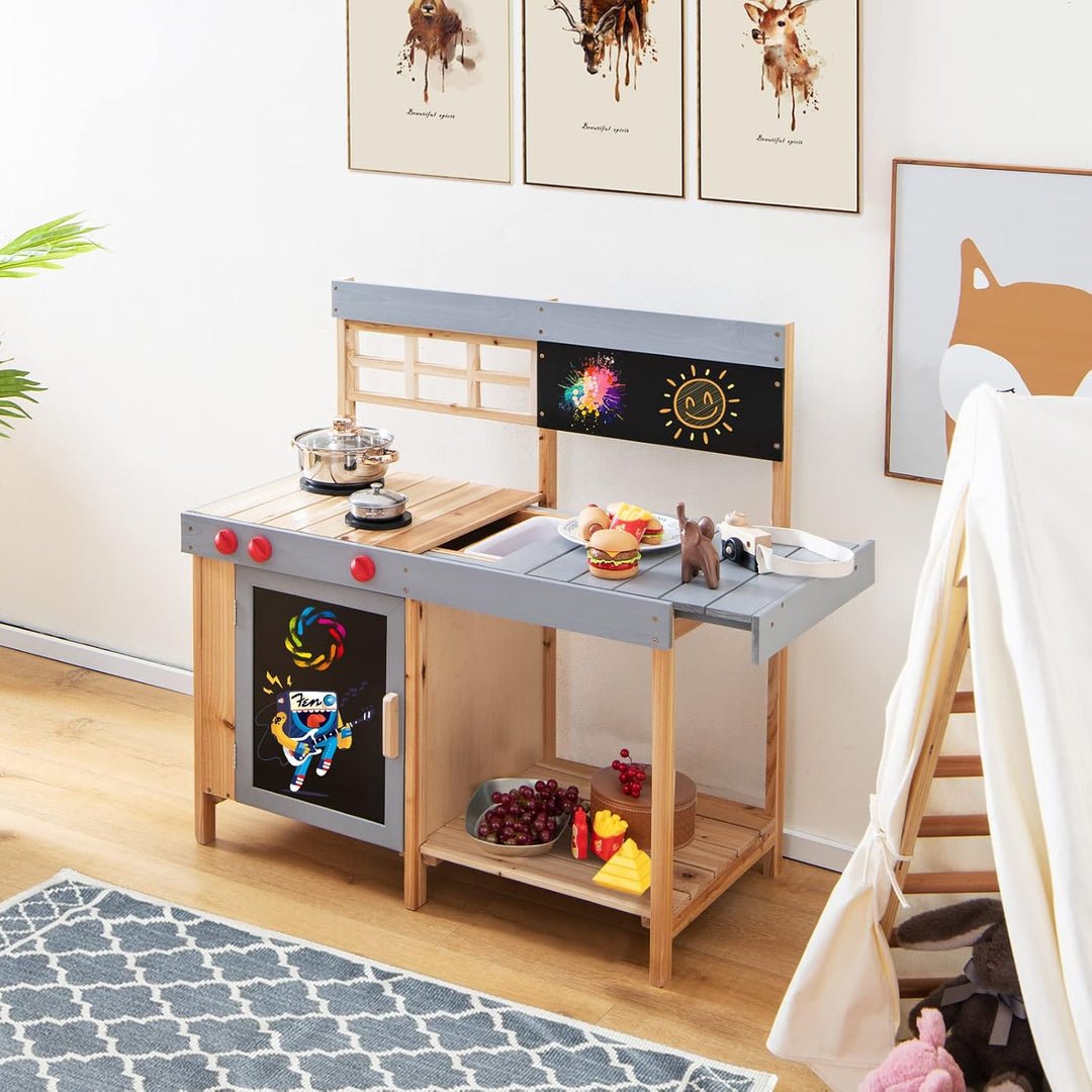 GOPLUS Kinderküche aus Massivholz, Stabile Matschküche mit Wasserbecken & Kreidetafel, Küche Spielse