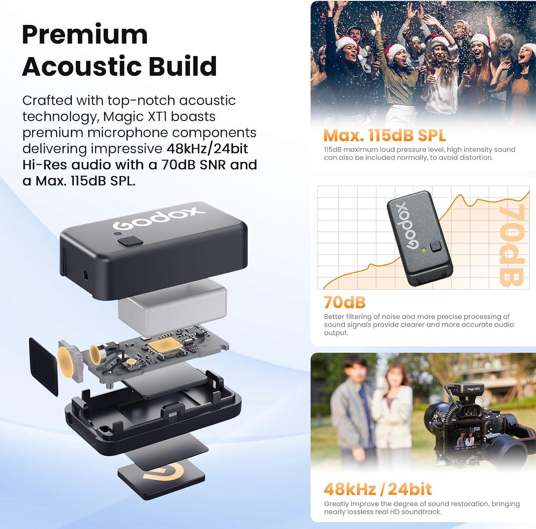 Godox Magic XT1 kabelloses Lavalier-Mikrofon für Kamera, Android, iPhone 15, PC, 48 kHz/24-Bit-Audio