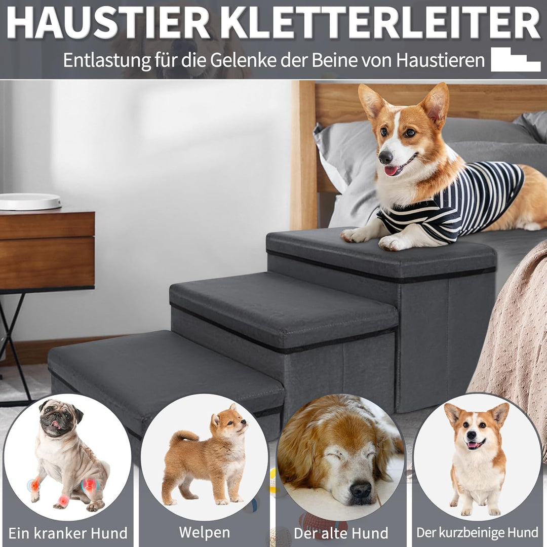 Haustiertreppe 3 Stufen Hundetreppe Zusammenklappbar mit Stauraum,Hundetreppe Bett für Betten,Sofas,