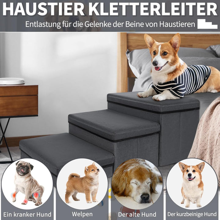 Haustiertreppe 3 Stufen Hundetreppe Zusammenklappbar mit Stauraum,Hundetreppe Bett für Betten,Sofas,
