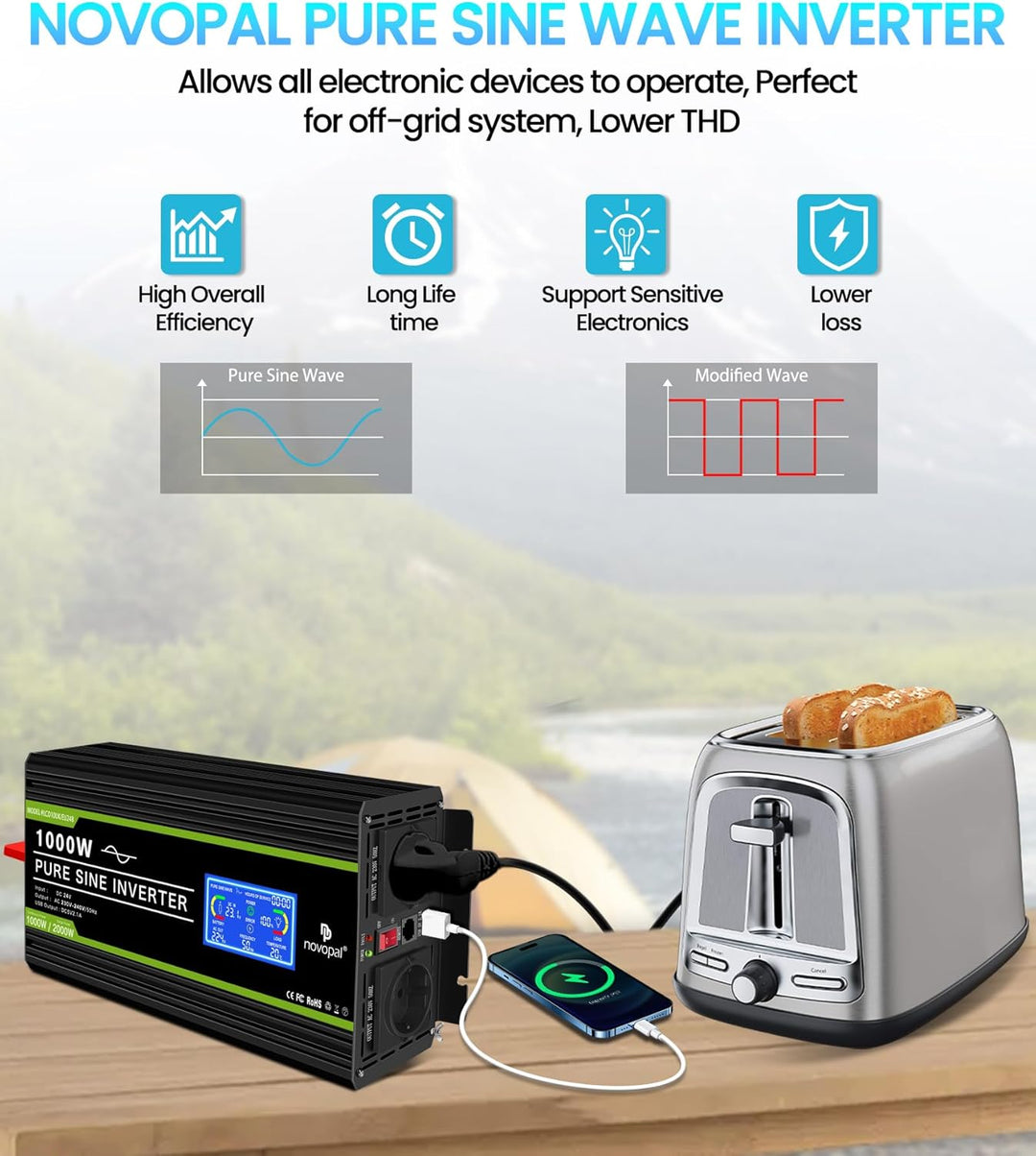 NOVOPAL 3000W Reiner Sinus Wechselrichter -Spannungswandler 24v auf 230v mit LCD Display Fehlercodes