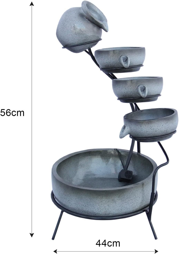 Kaskadenbrunnen 4-stufiger Wasserbrunnen Grau Solar-Wasserspiel mit überlaufenden Schalen Wasserbrun