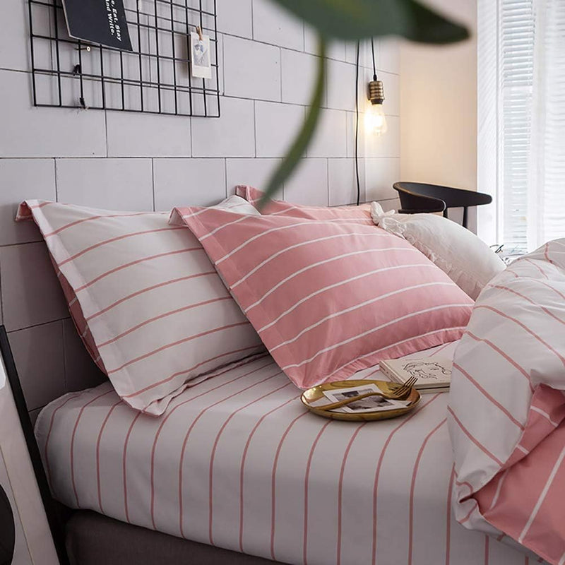 Luofanfei Gestreifte Bettwäsche 155X220 Rosa Weiss Gestreift Streifen Mikrofaer Wendebettwäsche Bett