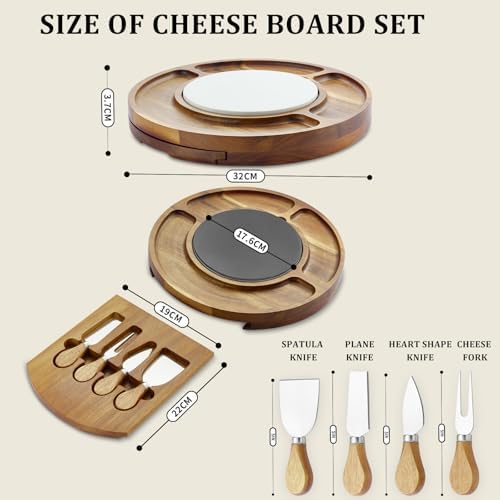 RAXCO Akazienholz Käsebrett Geschenkset mit Schieferplatte, 32 cm rundes Charcuterie-Brett mit verst