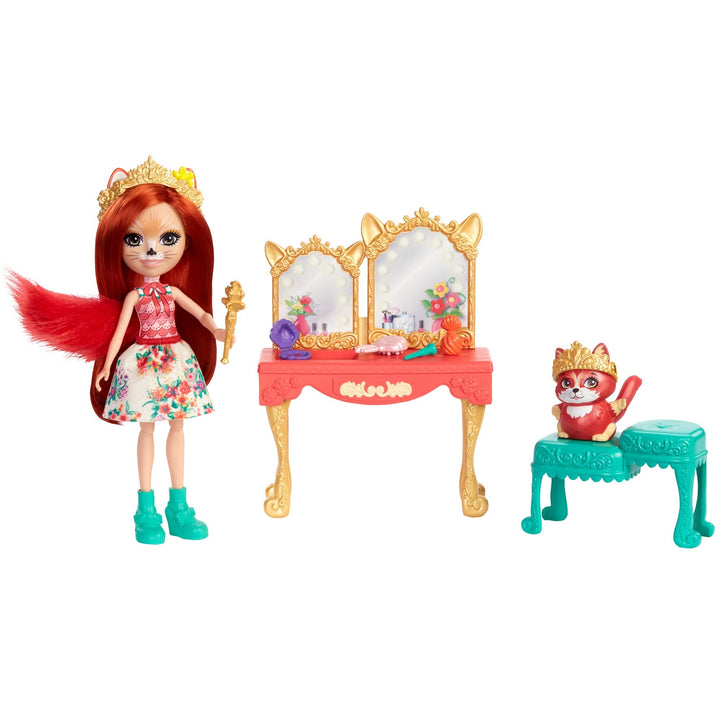 Enchantimals GYJ05 - Royaler Frisiertisch Spielset, mit Fabrina Fox Puppe (ca. 15,2 cm) und 1 Tier,