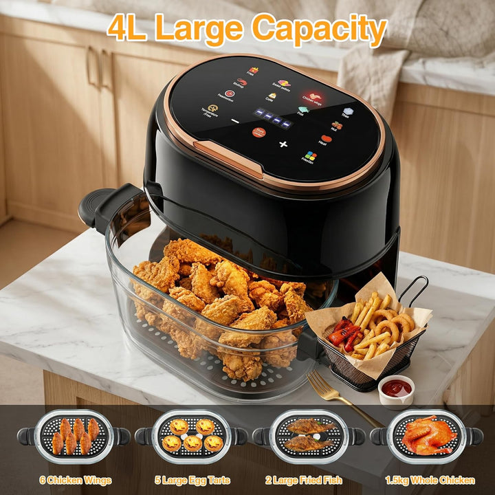 4L Sichtbarer Heissluftfritteuse AirFryer mit Stromausfall-Speicher, Glas-Schublade, 60-190°C Temper