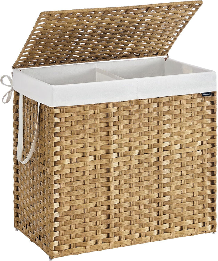 SONGMICS Wäschekorb 2 Fächern, Wäschesammler 160 L, Wäschebox aus synthetischem Rattan, mit Deckel u