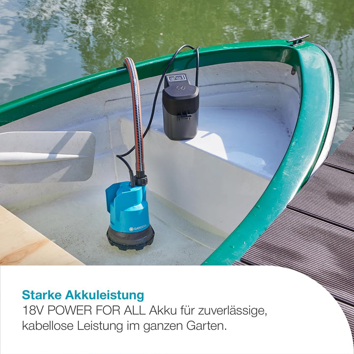 Gardena Akku-Klarwasser-Tauchpumpe 2000/2 18V P4A Ready-To-Use Set: Flachsaugende Akku-Tauchpumpe, i