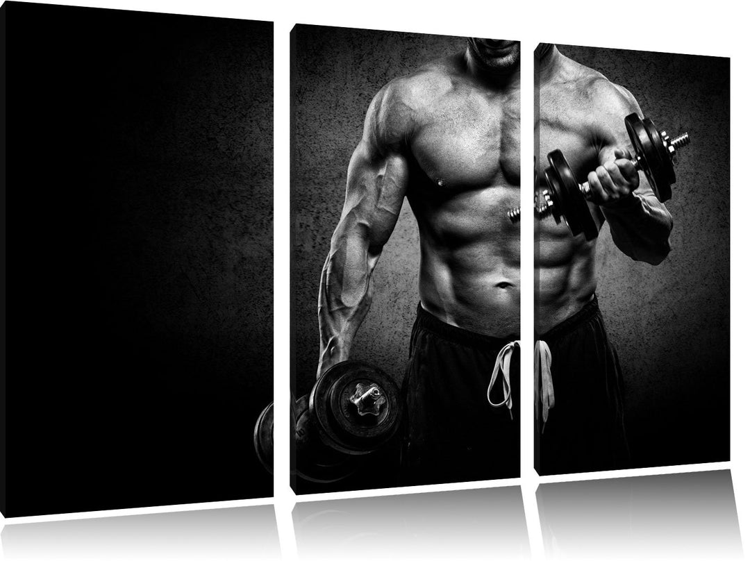 Dark Trainierender Bodybuilder schwarz/weiss 3-Teiler Leinwandbild 120x80 Bild auf Leinwand, XXL rie