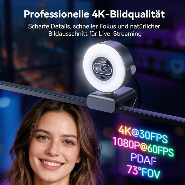EMEET S600L 4K Webcam mit Ringlicht, 4 Beleuchtungsmodi, Regenbogeneffekt, 1/2"-Sensor, KI-Bildverar