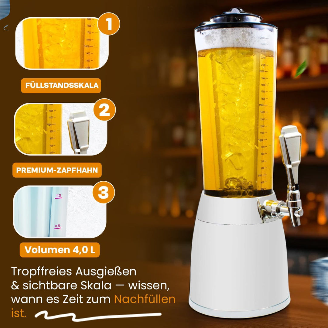 4,0L Biersäule Zapfsäule Kult Biertower Trinksäule Getränkespender Getränkesäule mit 1,3L Eiskühlung