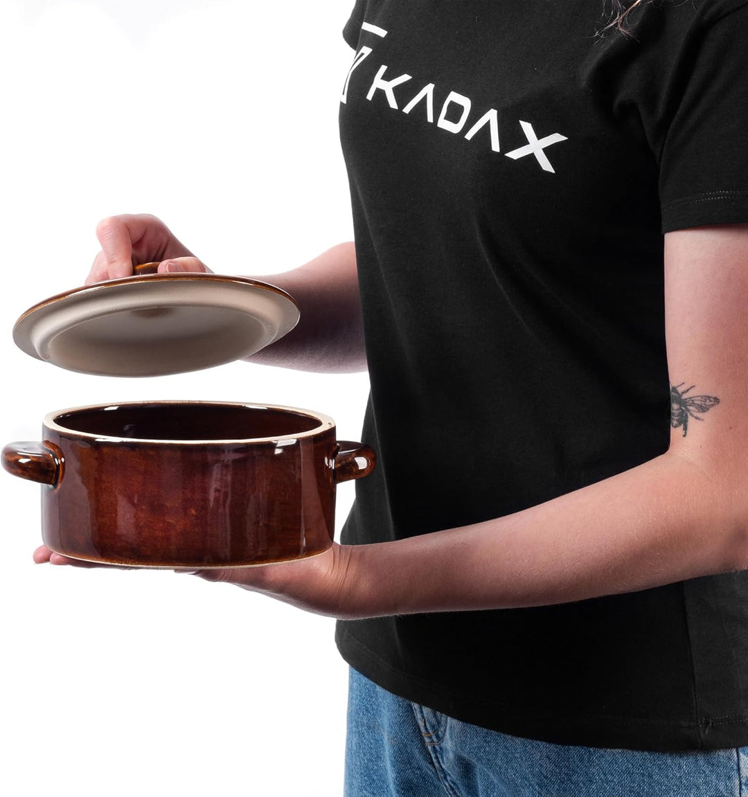 KADAX Steinzeugtopf, Keramiktopf mit Seitengriffen und Deckel, Spülmaschinenfester Steinguttopf, han