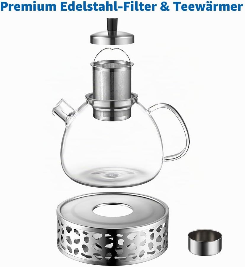 Ecooe 1.5L Teekanne mit Stövchen, Teekanne Glas und Teewärmer Edelstahl Silber 1500 ml, Silber 1500