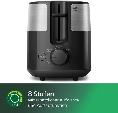 Philips Toaster – 2 Toastschlitze, 8 Stufen, Brötchenaufsatz, Auftaufunktion, Abschaltautomatik, sch