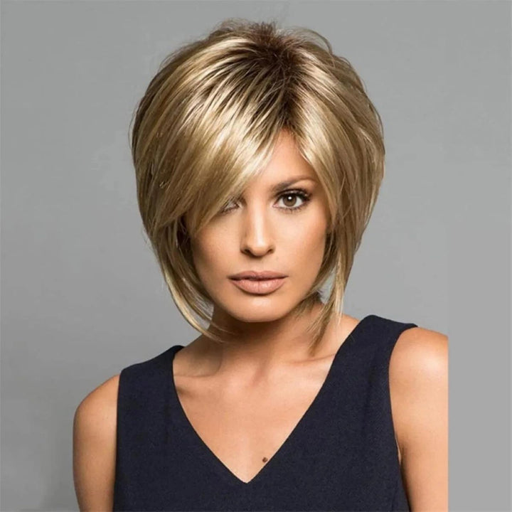 YXSHZ Flauschige kurze blonde Bob-Haarperücke mit Damen, glatt, synthetisch, natürliche Perücke, sie