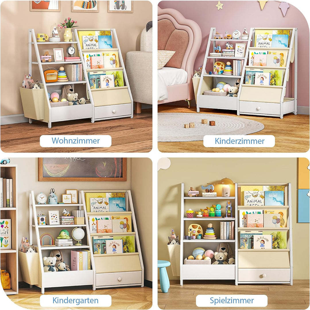 Quikraen Bücherregal Kinder, Kinderregal mit 4 Ablage und 3 Offenen Fächern, Montessori Bücherregal,