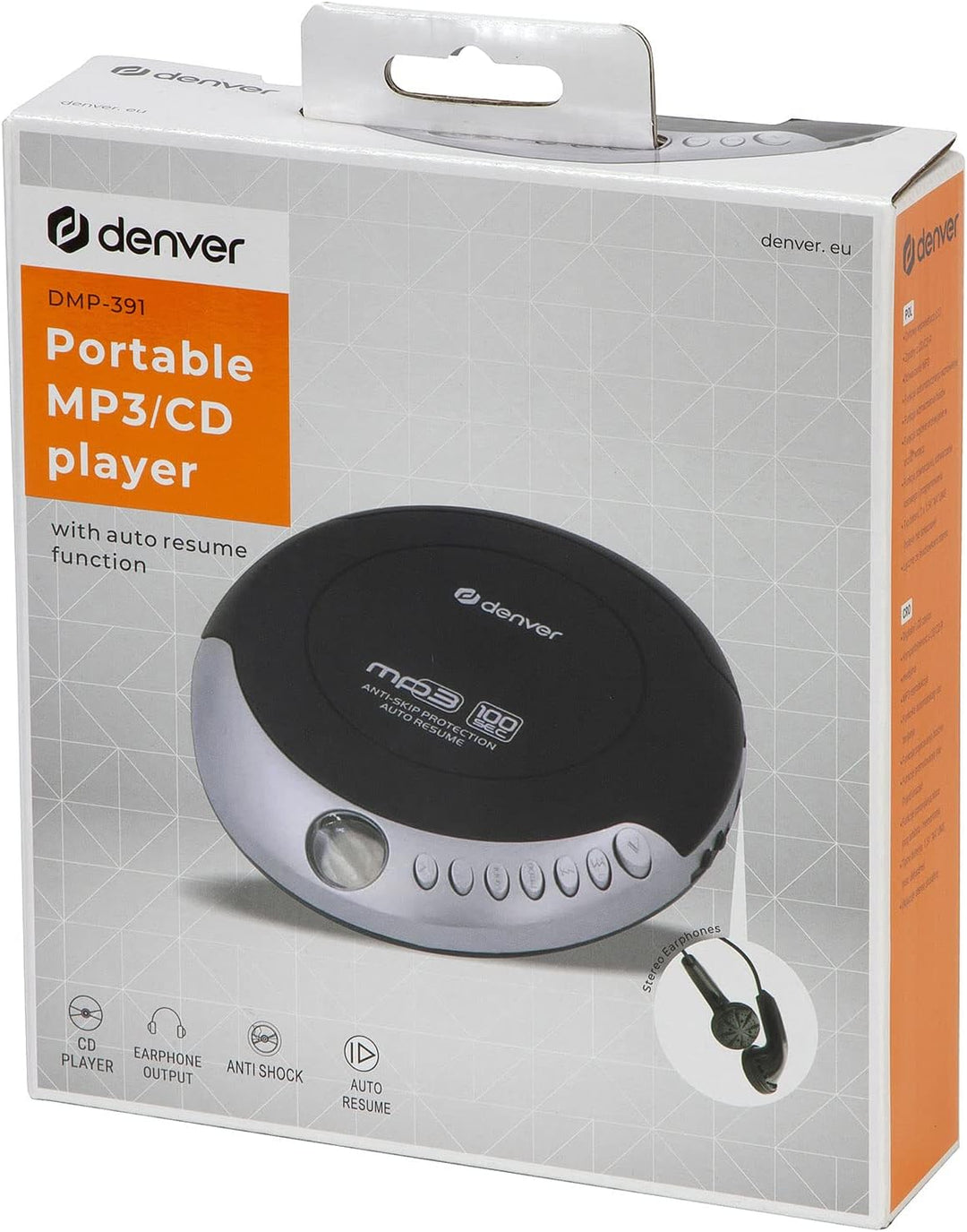 Denver DMP-389 tragbarer MP3/CD Player schwarz mit Anti-Schock Single, mit Anti-Schock Single