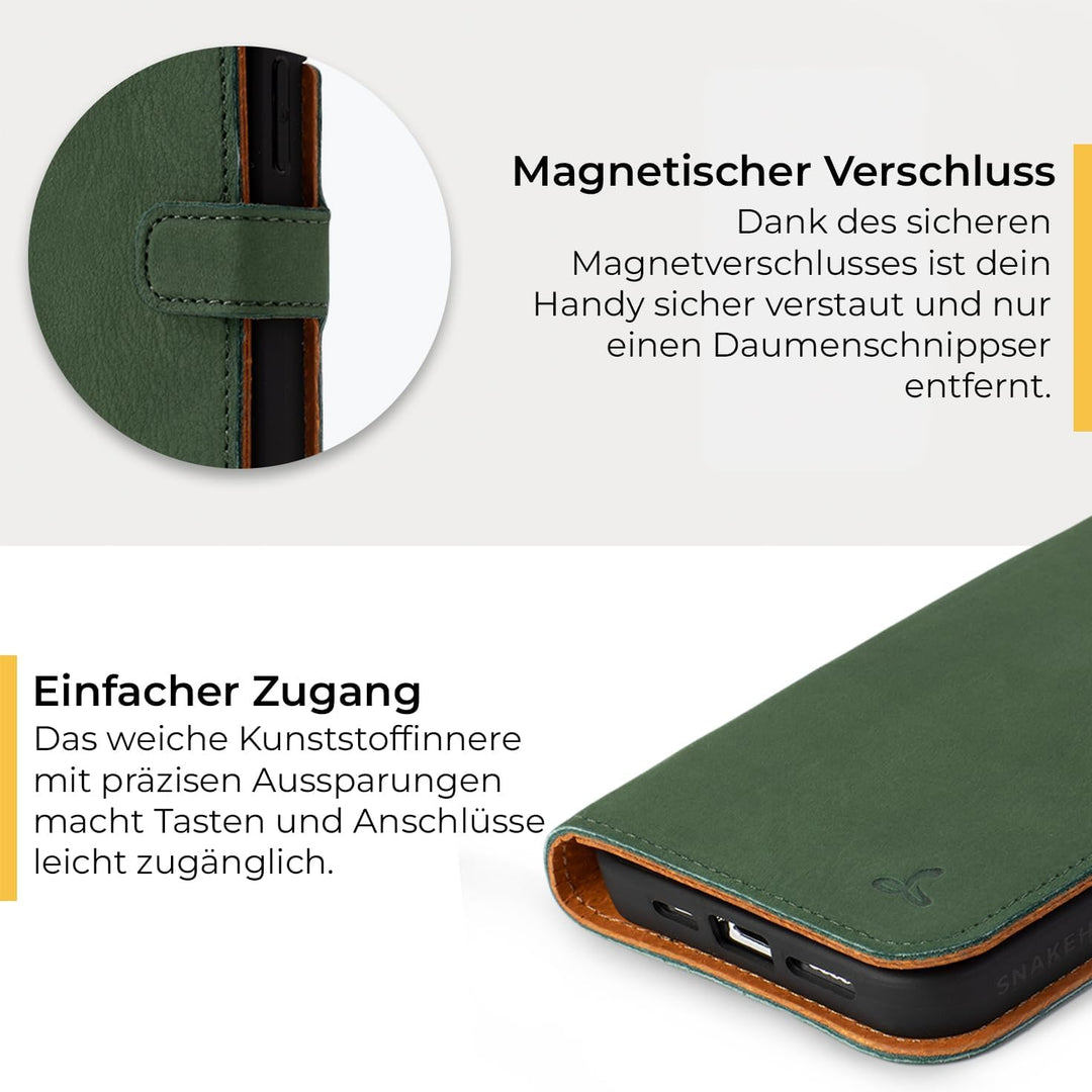 Snakehive Schutzhülle für iPhone 15 Pro Max - Klapphülle Echte Lederhülle mit Standfunktion - Handma