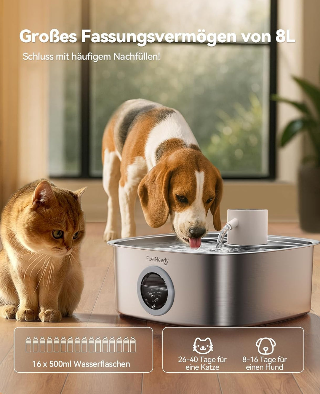 FEELNEEDY 8L Katzenbrunnen Kabellos, 5000mAh Trinkbrunnen für Hunde mit 3 Filters, Katzenbrunnen Ede