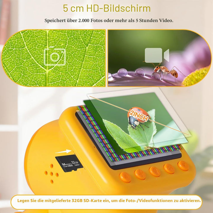1600X Digitales Mikroskop für Kinder, 2-in-1 Kinder Mikroskop mit 2.0" HD-Bildschirm, inkl. 32GB SD-
