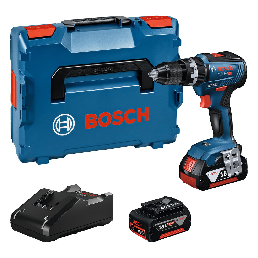 Bosch Professional Akku Schlagbohrmaschine GSB 18V-55 (2x 4,0 Ah Akku, 18 Volt System, Bohr-Ø in Mau