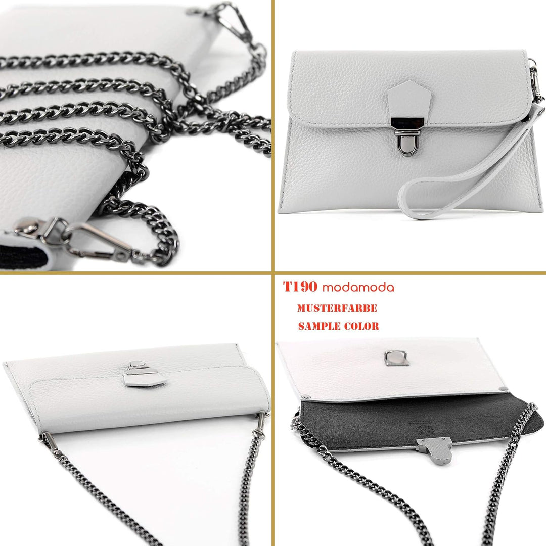 modamoda de T190 Damen Leder Clutch Handgelenktasche Schultertasche mit Kette handmade in Italy Past