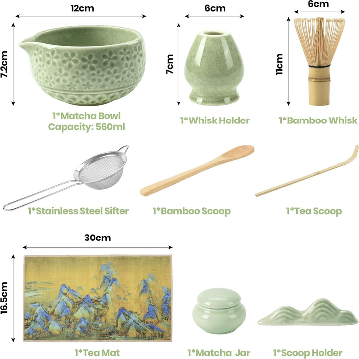 9‑in‑1 Matcha Set mit Matchaschale (560ml), Glas, Bambusbesen, Bambuslöffel, Sieb & Teematte – Japan