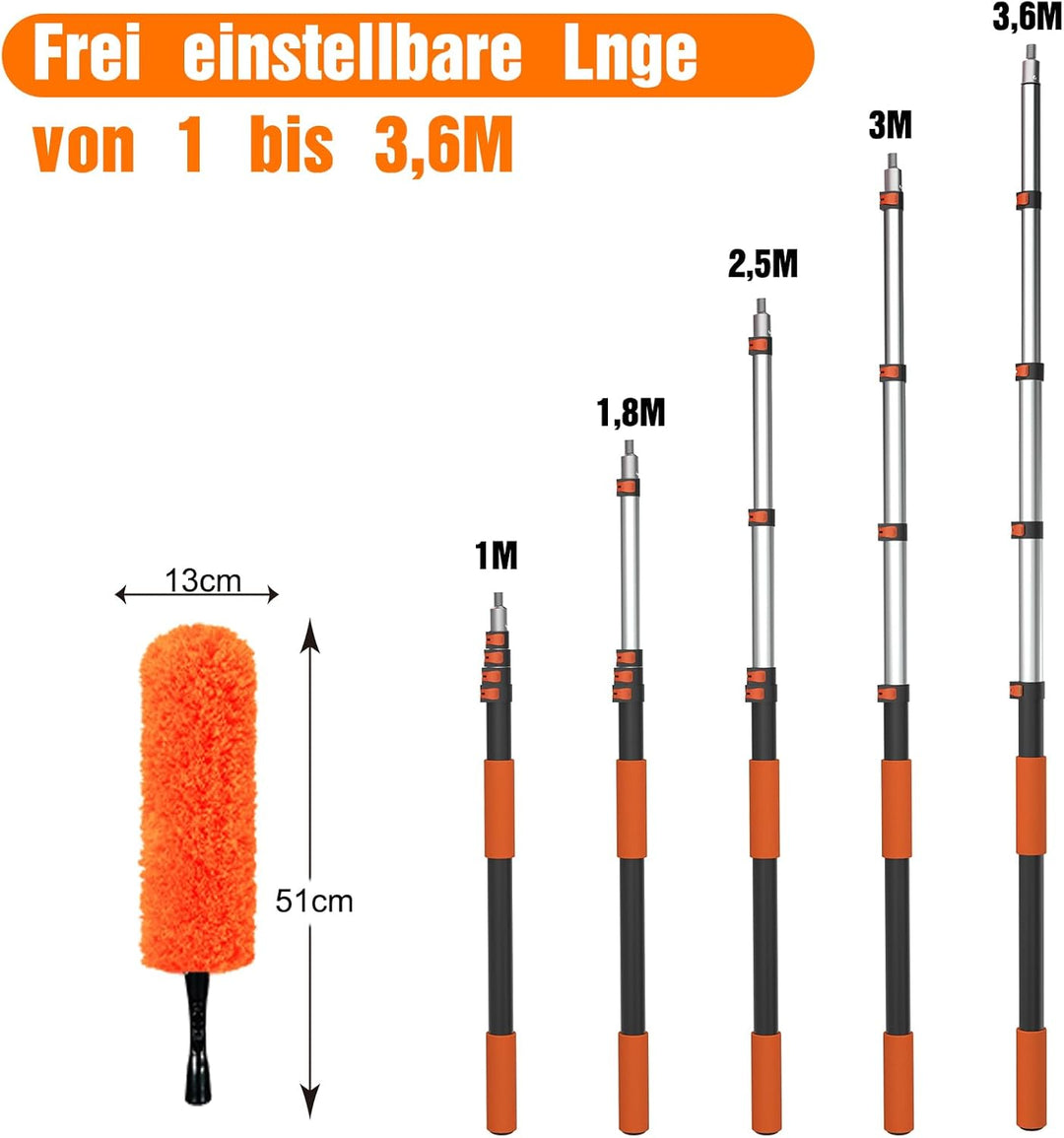 LAANPOLE 3,6M Staubwedel Teleskop Waschbar, Spinnwebenbesen mit Teleskopstiel, Staubwedel lang mit a