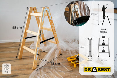 DRABEST - Holzleiter - für Malerarbeiten - 2X 3 Sprossen - m lang - bis 150 kg - Arbeitshöhe 0,95 m