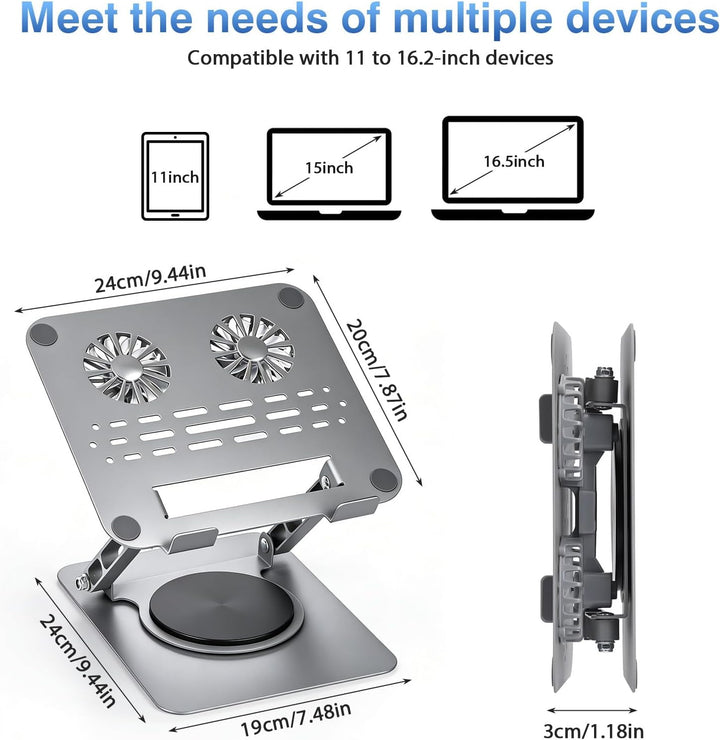 Laptop Ständer mit Lüfter, Ergonomisch Verstellbarer Belüfteter Notebook Halterung mit 360°-Drehung,